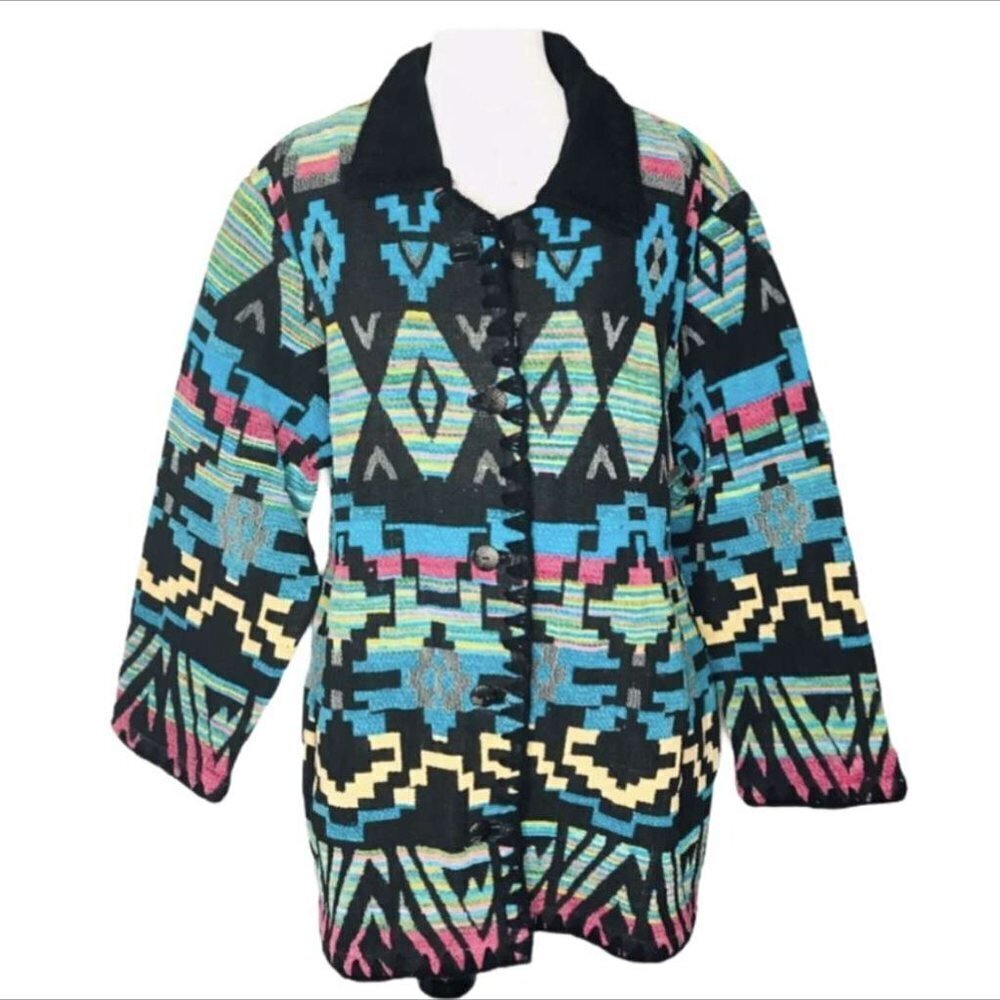 Cedar Canyon Aztec symmetry Indian Tribal Western cardigan Coat Womans Large